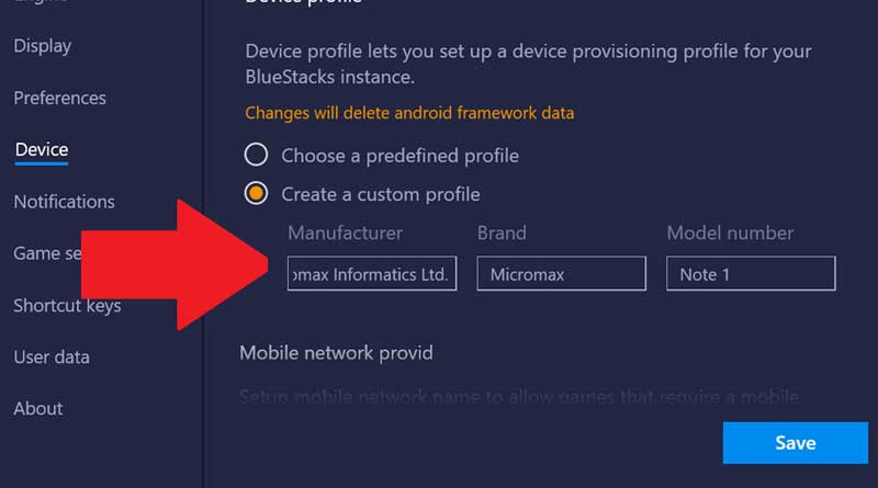switch device profile on BlueStacks