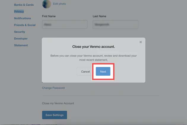 Delete venmo account Click "Next" to Proceed
