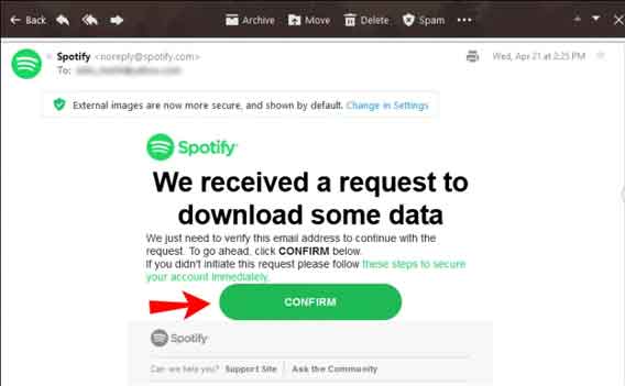 spotify data download email confirmation