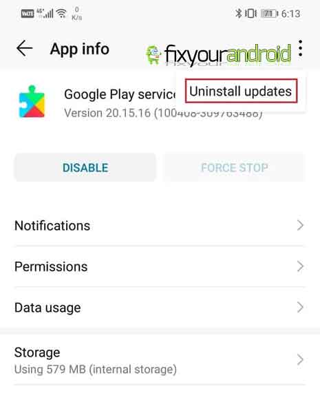 fix com.google.process.gapps has stopped error Restart Uninstall Google Play Services Updates
