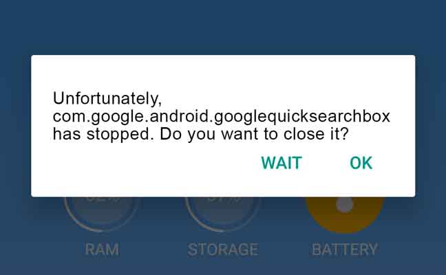 Unfortunately, com.google.android.googlequicksearchbox has stopped. pop-up
