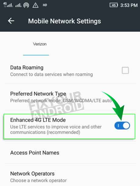 turn on Enhanced LTE Service on android